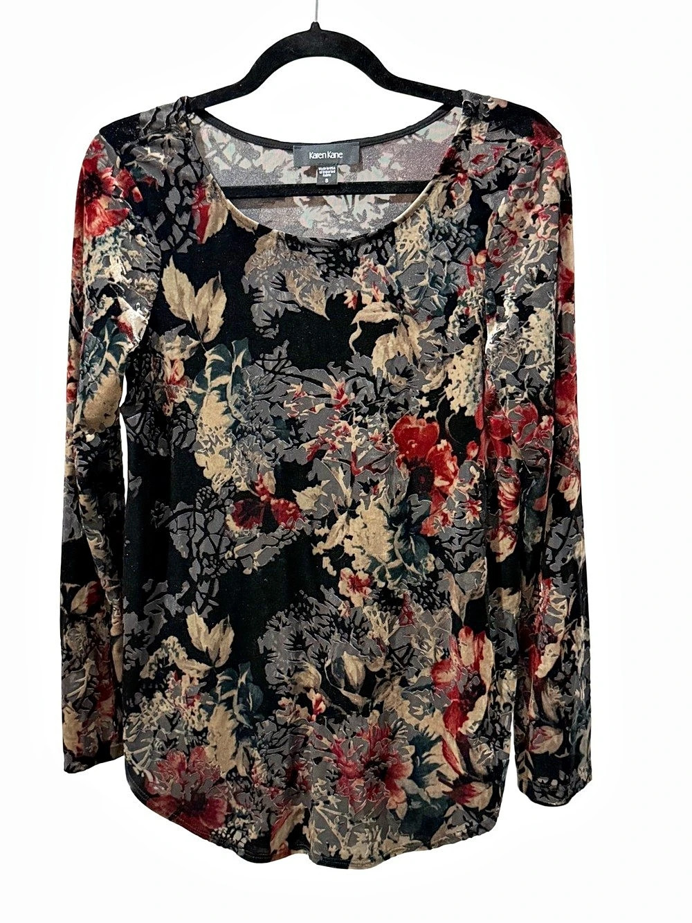 Karen Kane Floral Velvet Burnout Blouse Black & Red Small